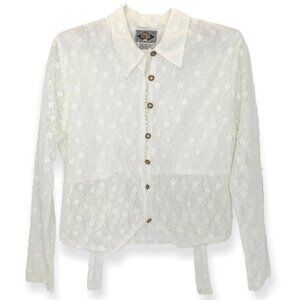 VINTAGE SYMBOL WHITE  LACE BUTTON DOWN GOLD BUTTONS SEMI SHEER WOMEN SHI…